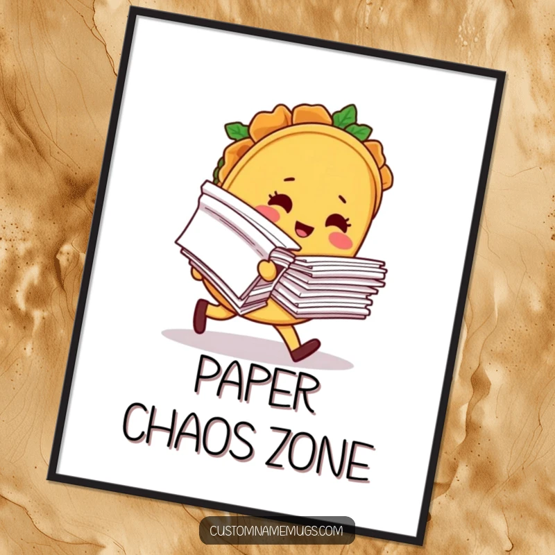 Funny digital art print of a blushing taco character comically tripping with a giant stack of papers, available for instant download and display.