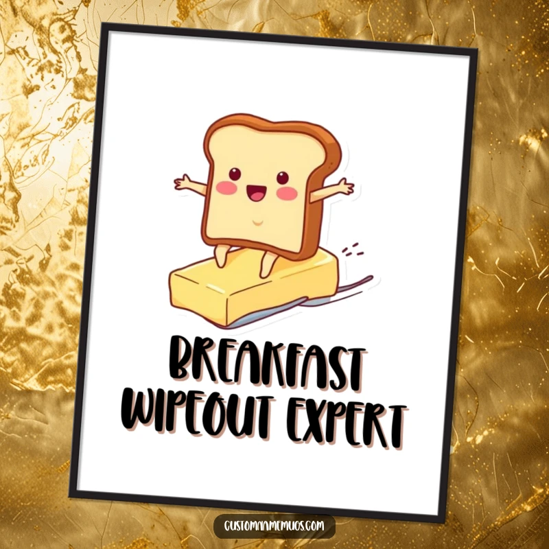 Funny digital art print of a cheerful toast character surfing a runaway pat of butter, perfect for immediate humorous wall decoration.