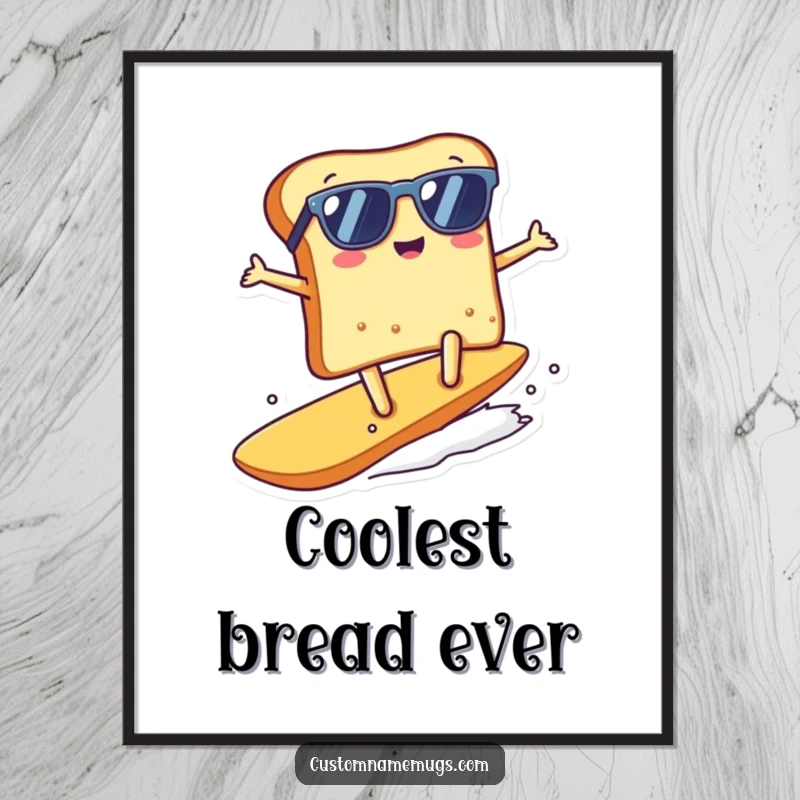 Funny kawaii toast character surfing a crumb, as a printable digital art file, perfect funny gift.