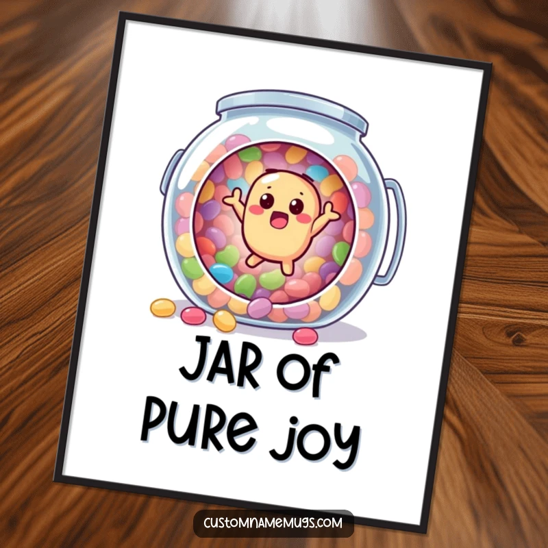 Funny digital art print of a surprised jellybean character comically bouncing out of a giant candy jar, ready for instant download.