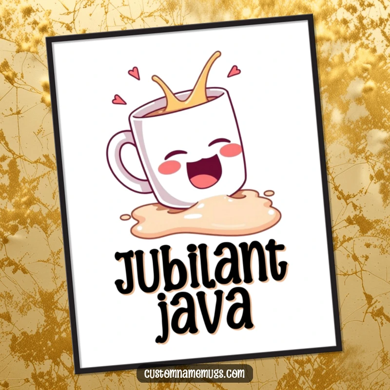 Funny Kawaii coffee mug character spilling itself hysterically, a humorous digital art print for home decor.