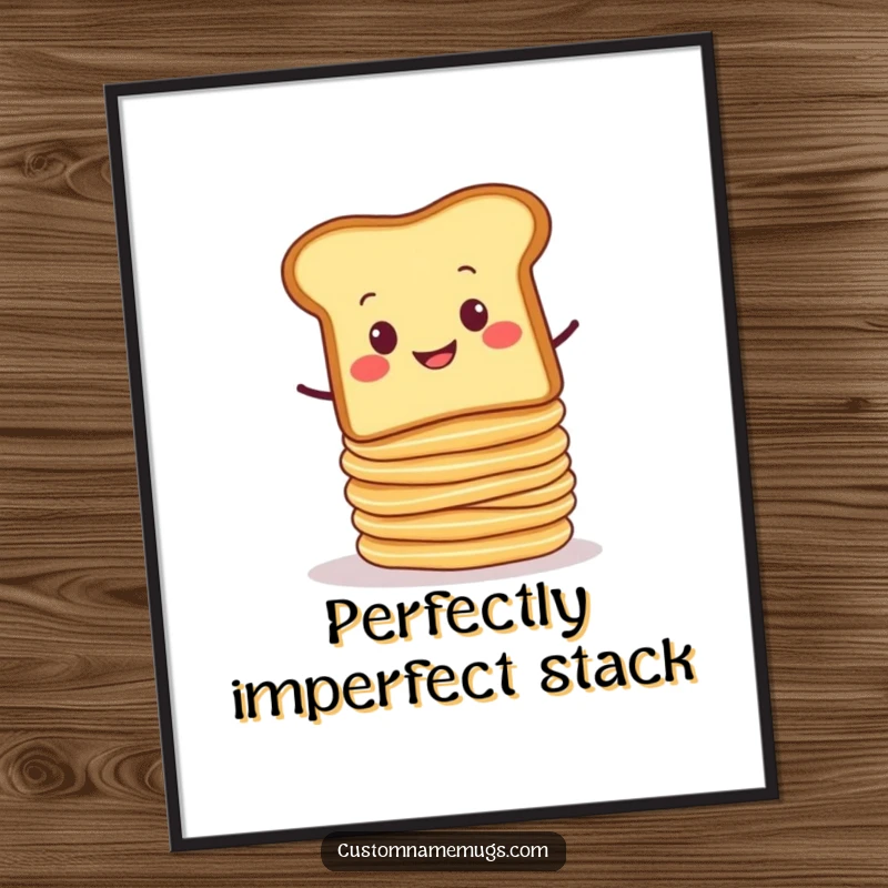 Funny digital art print of a smug slice of toast balancing a wobbly stack of pancakes that are about to tumble. Humorous food art.