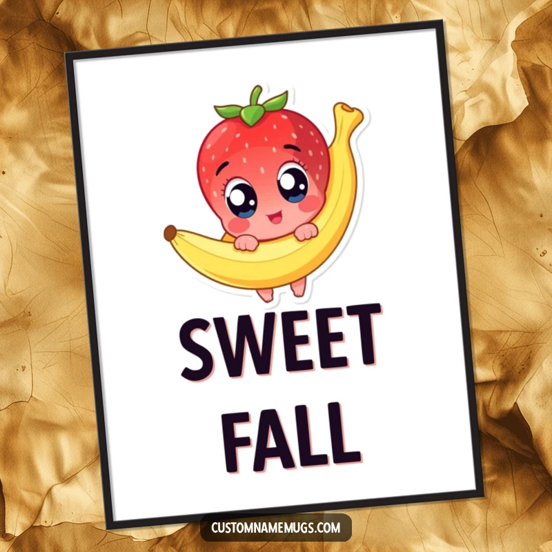 Funny digital art print of a cute strawberry character with wide, surprised eyes slipping on a banana peel, perfect for humorous wall art.