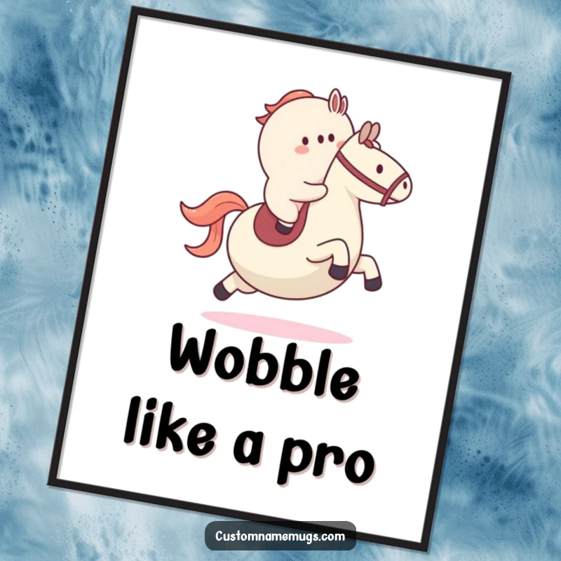 Funny digital art print of a blob character attempting to ride a large bouncy ball like a horse, perfect for whimsical wall decor.