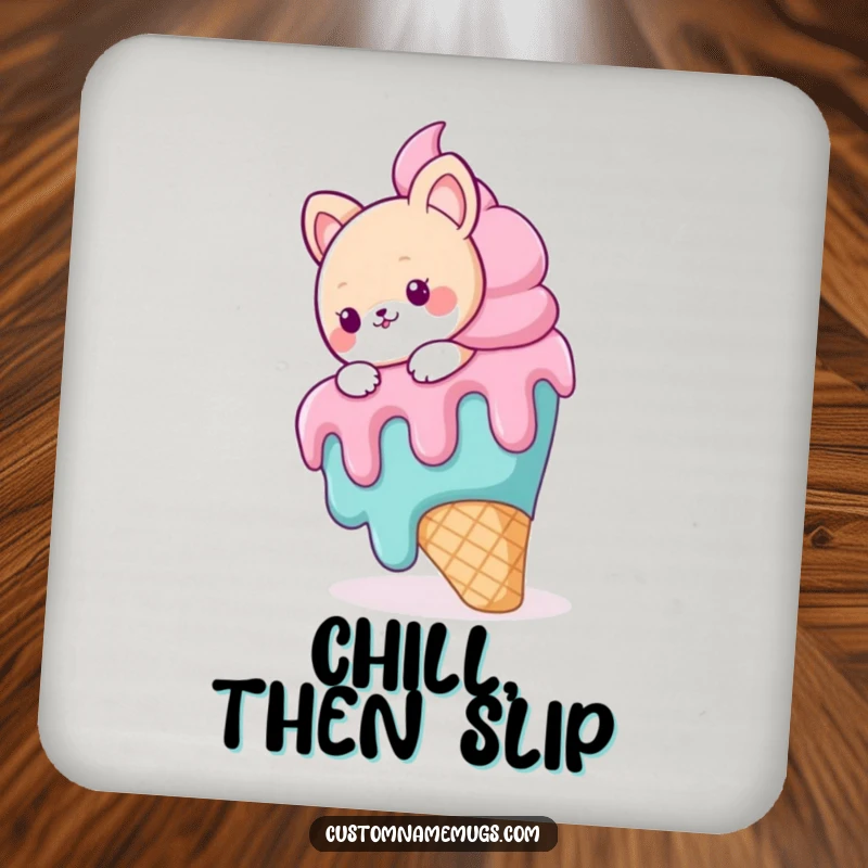 Funny drink coaster featuring a cute animal character comically slipping on a giant, melting ice cream cone, ideal for surface protection.