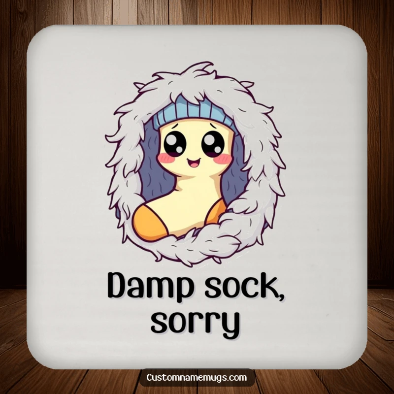 Funny Kawaii sock character with googly eyes peeking out from a dryer lint monster, a humorous coaster for drink protection.