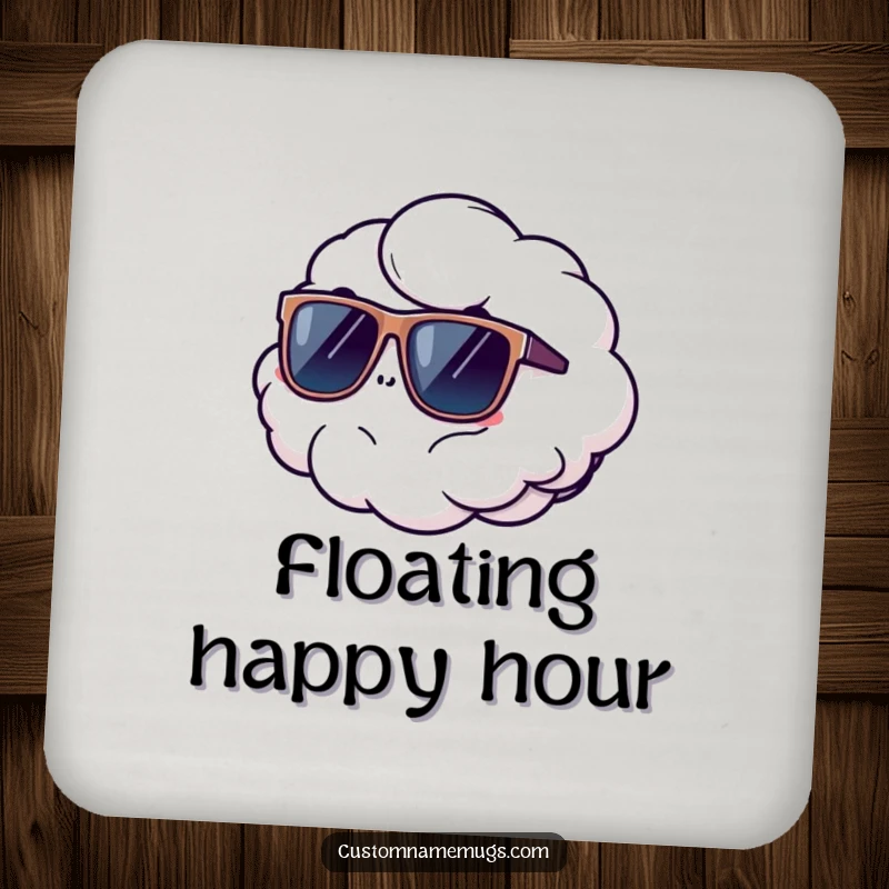 Funny drink coaster set with a fluffy cloud comically floating away wearing oversized sunglasses, protecting surfaces with humorous coolness.