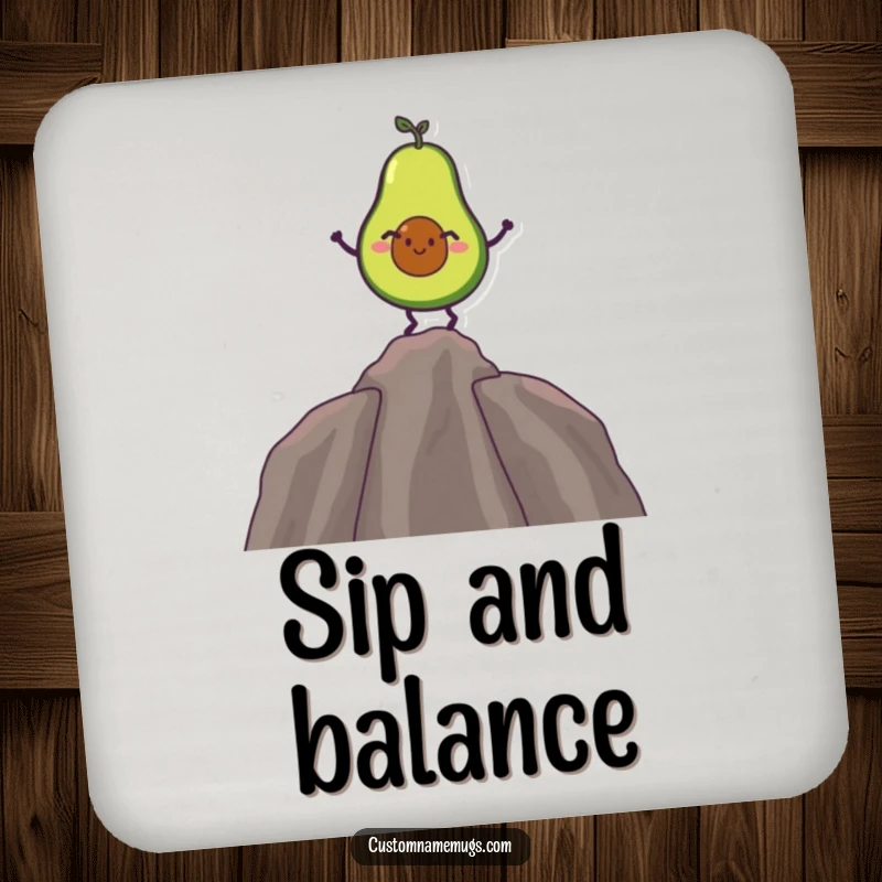 Funny drink coasters showing a giggling avocado balancing on its pit, adding humor to tabletops.