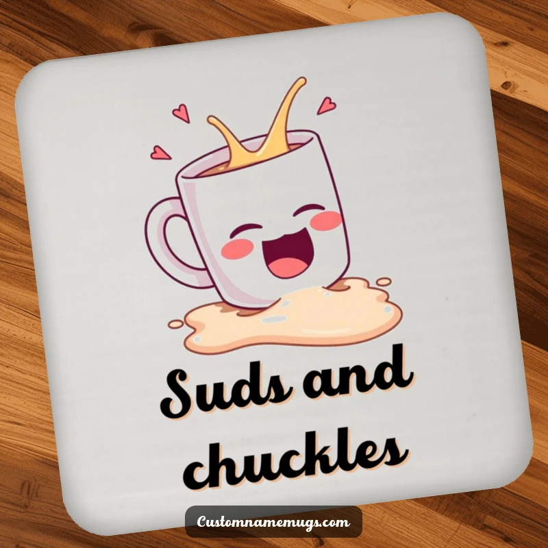 Funny Kawaii coffee mug character spilling while laughing hysterically, a humorous coaster for drink protection.