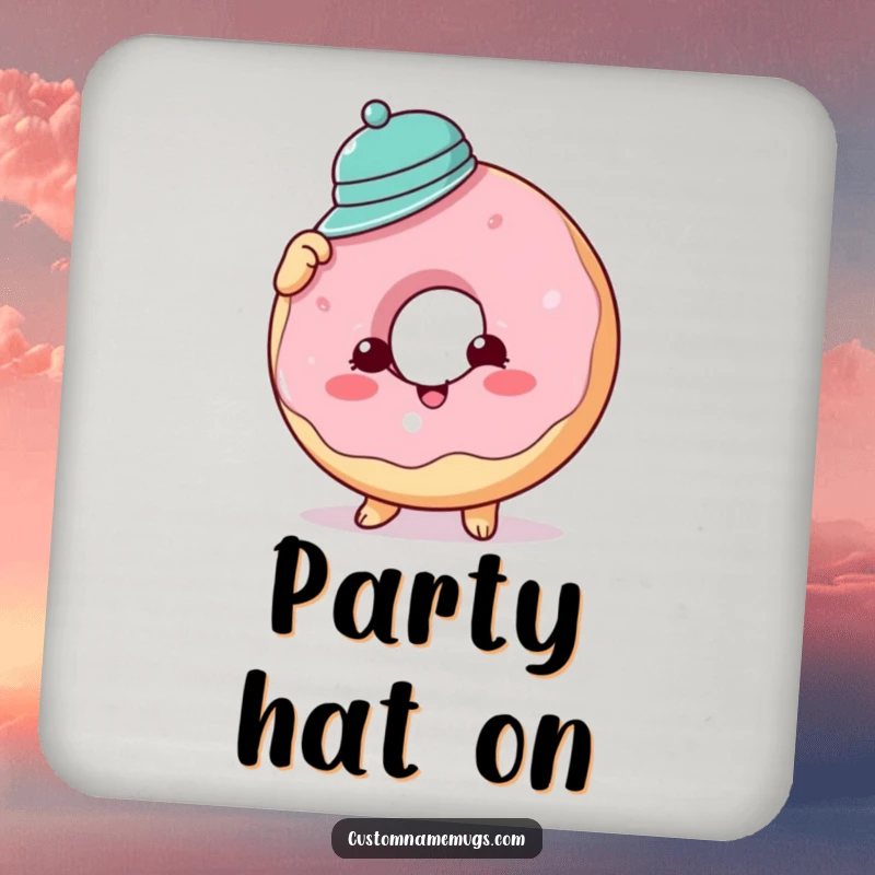 Funny donut hat drink coaster set showing a cheerful donut character comically wearing a tiny hat, a humorous addition to any beverage setting.