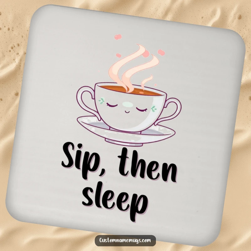 Funny Napping Teacup Coaster: Decorative coaster with a charming napping teacup design in a swirl of steam, offering a funny touch to any table.