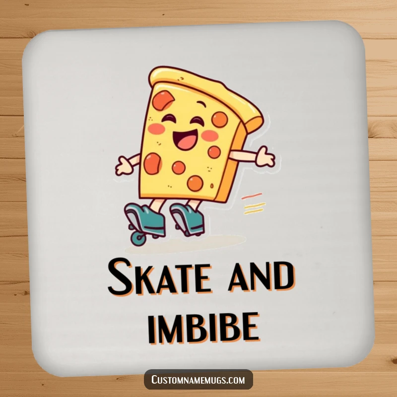 Funny pizza roller skater coaster, a laughing pizza slice wearing roller skates zooms around, a humorous surface protector.
