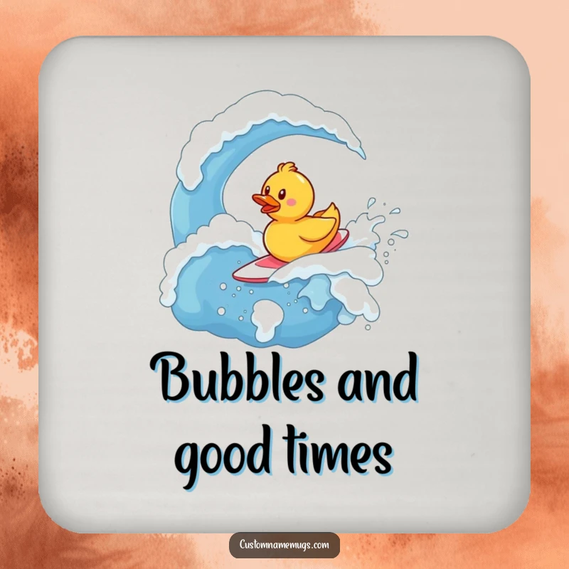 Funny Coaster: Determined tiny rubber ducky character bravely surfing a giant, bubbly wave of soap, protecting surfaces.