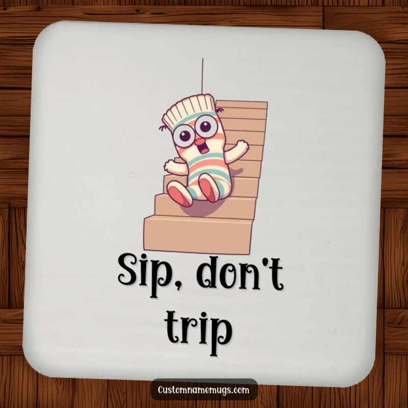 Funny drink coaster depicting a goofy sock character with mismatched eyes comically tumbling down stairs, adding humor to any beverage setup.