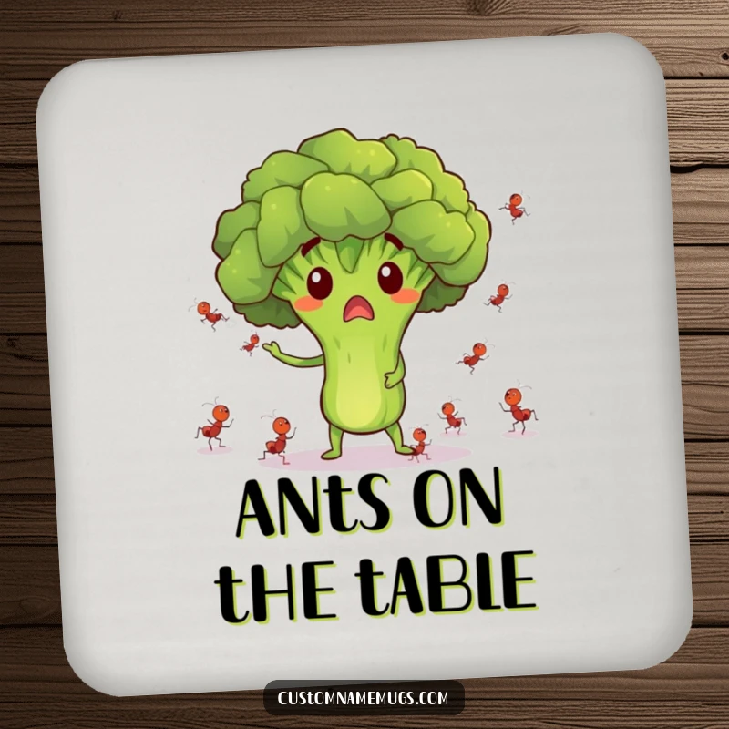 Funny drink coaster with a surprised broccoli character juggling tiny dancing ants, protecting surfaces humorously.