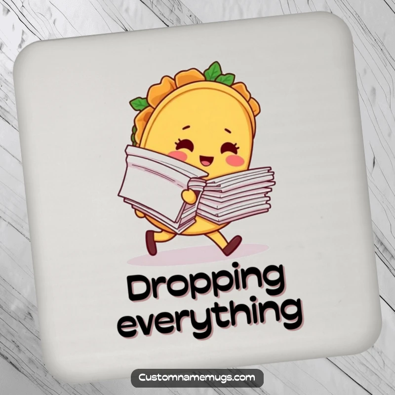 Funny drink coaster showing a blushing taco character comically tripping with a stack of papers, protecting surfaces with style and humor.