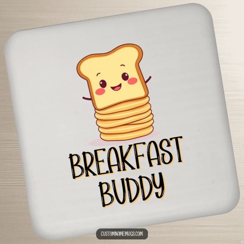 Funny drink coaster with a smug slice of toast balancing a wobbly stack of pancakes about to tumble. Protects surfaces humorously.