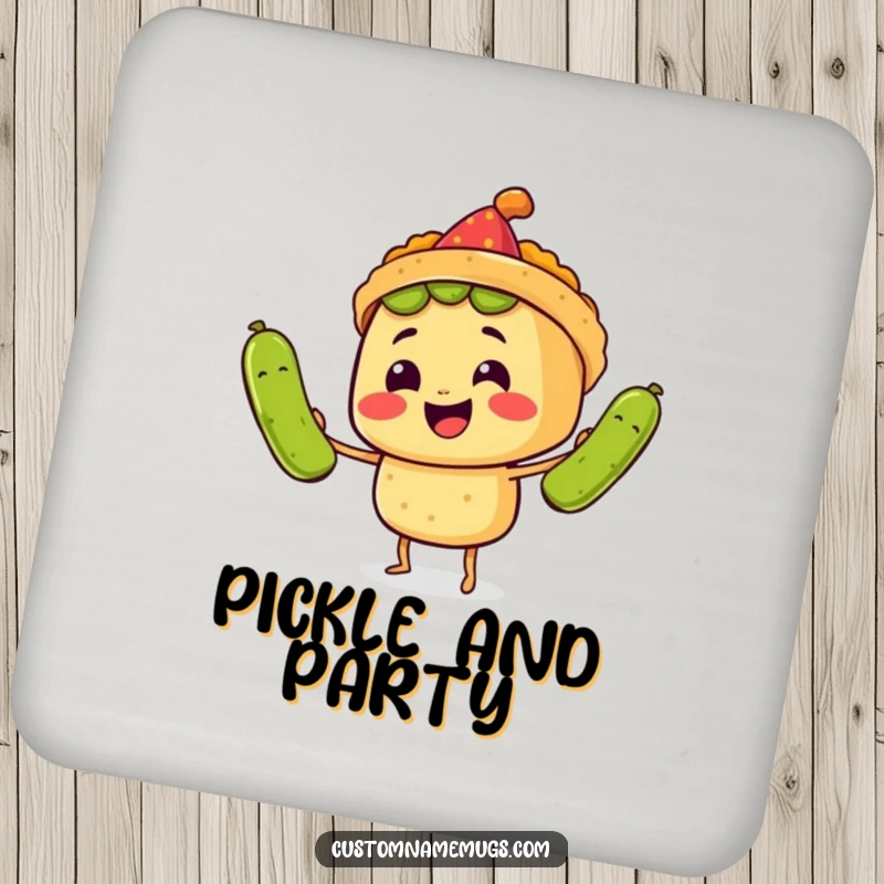 Funny Coaster: A smiling taco wearing a party hat juggles three large pickles, a humorous fiesta icon.