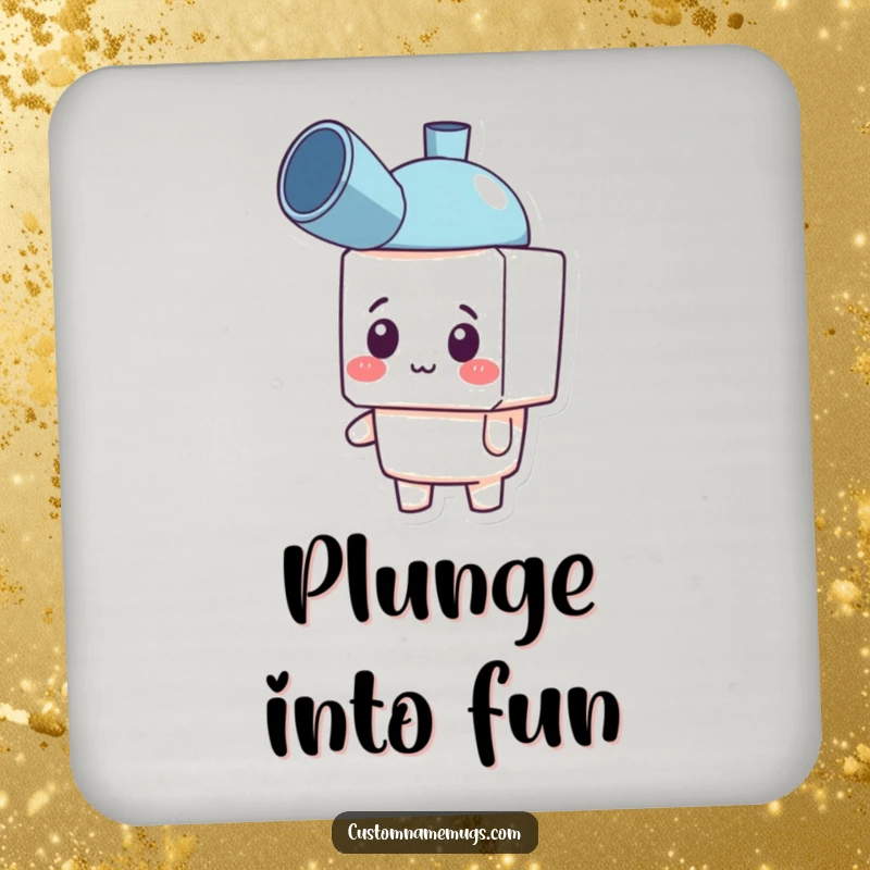 Funny drink coaster depicting a confused but happy blocky character wearing a plunger as a hat. Humorous surface protection.