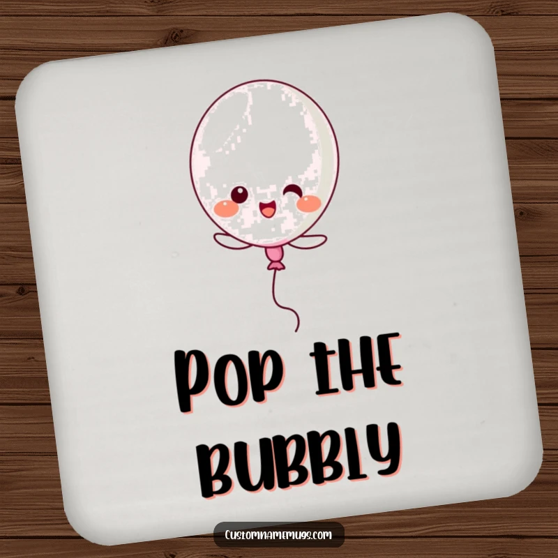 Funny Kawaii balloon character popping itself while trying to fly, a humorous and protective drink coaster.