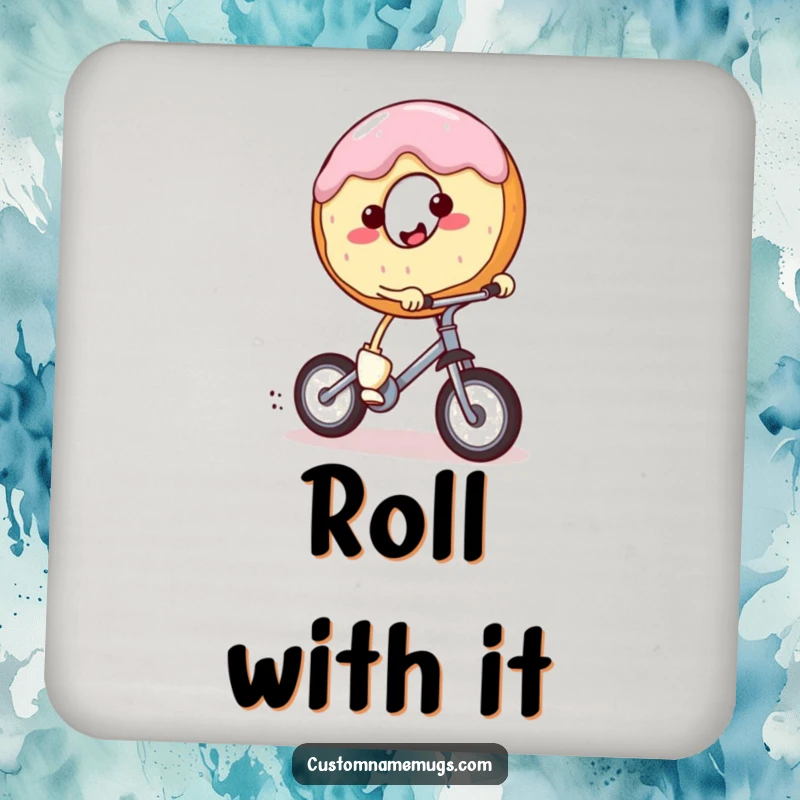 Funny drink coaster with a smiling, round donut character with tiny legs riding a miniature unicycle. Protects surfaces humorously.
