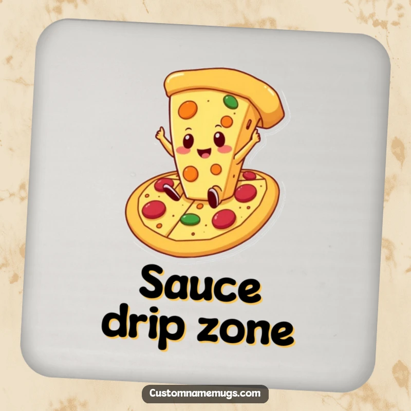 Funny cheese pizza drink coaster set showing a proud cheese slice character falling into a giant pizza, a humorous addition to any beverage setting.