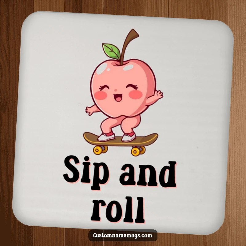 Funny drink coaster with a blushing, rosy apple character riding a skateboard, protecting surfaces with humor.