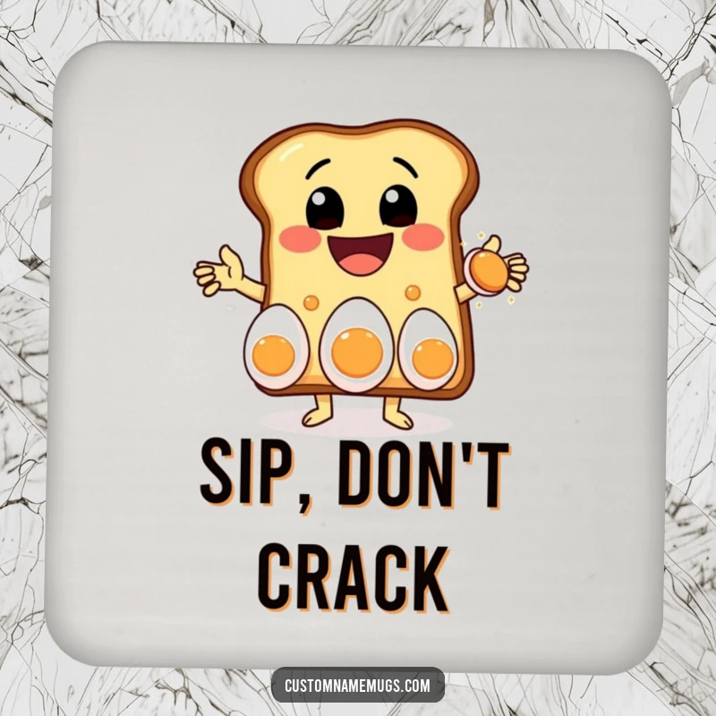 Funny drink coaster depicting a delighted toast character with a massive grin, juggling three eggs, adding humor to any beverage placement.