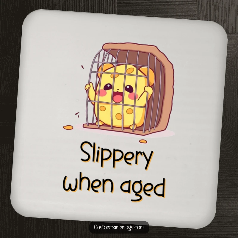 Funny Kawaii cheese character breaking free from a tiny cage, a humorous coaster for protecting furniture.