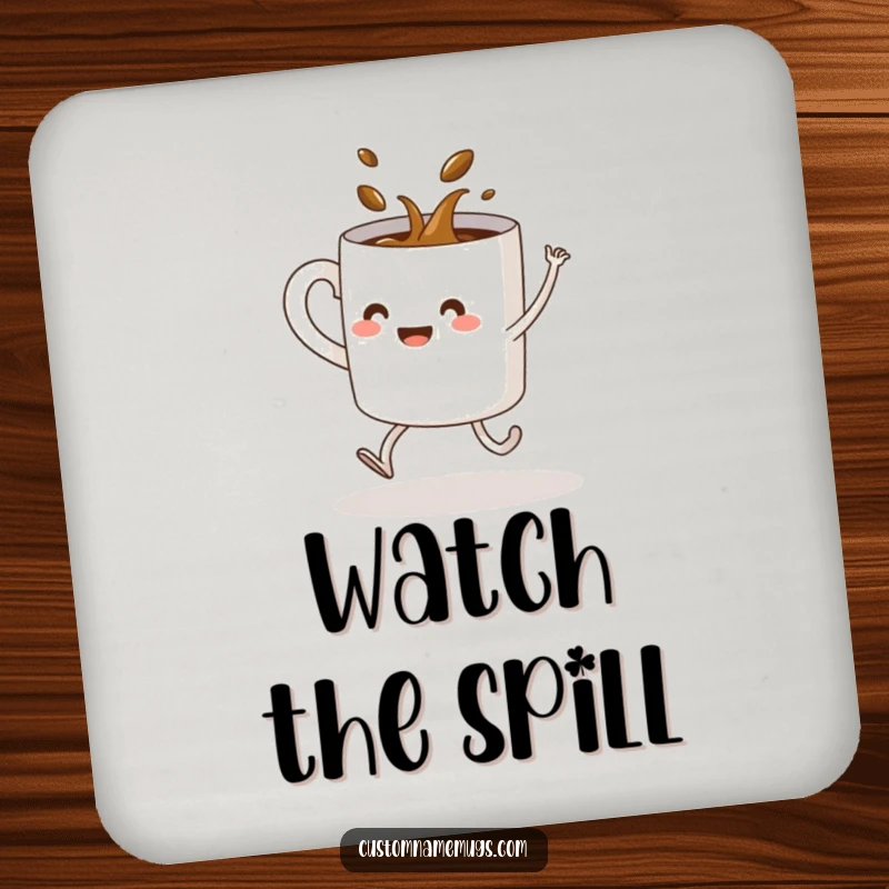 Funny drink coaster showing a coffee mug with legs spilling its contents during a dance move, adding humor to tabletops.