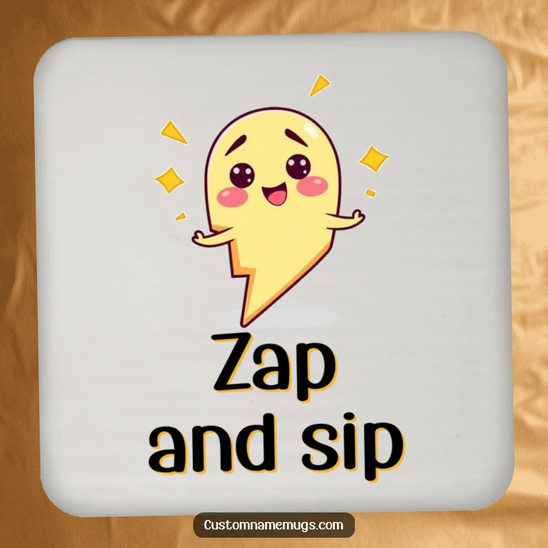 Funny drink coaster with a smiling, clumsy lightning bolt character comically zapping himself, protecting surfaces humorously.