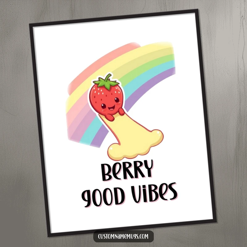 Funny poster of a smiling strawberry character dramatically sliding down a rainbow, creating a whimsical and cheerful art piece.