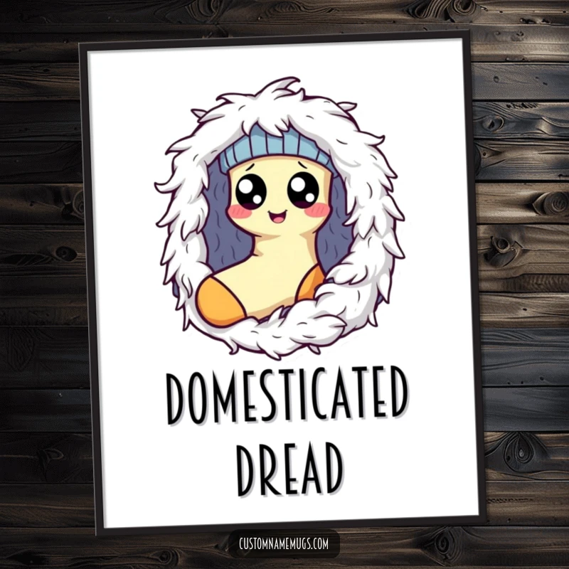 Funny Kawaii sock character with googly eyes looking scared by a large dryer lint monster, a humorous poster for wall decor.