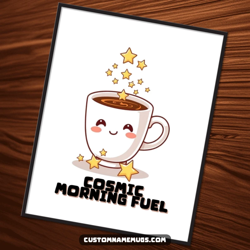 Funny coffee cup poster, a smiling cup pours sparkling stars, creating a magical and joyful piece of art.