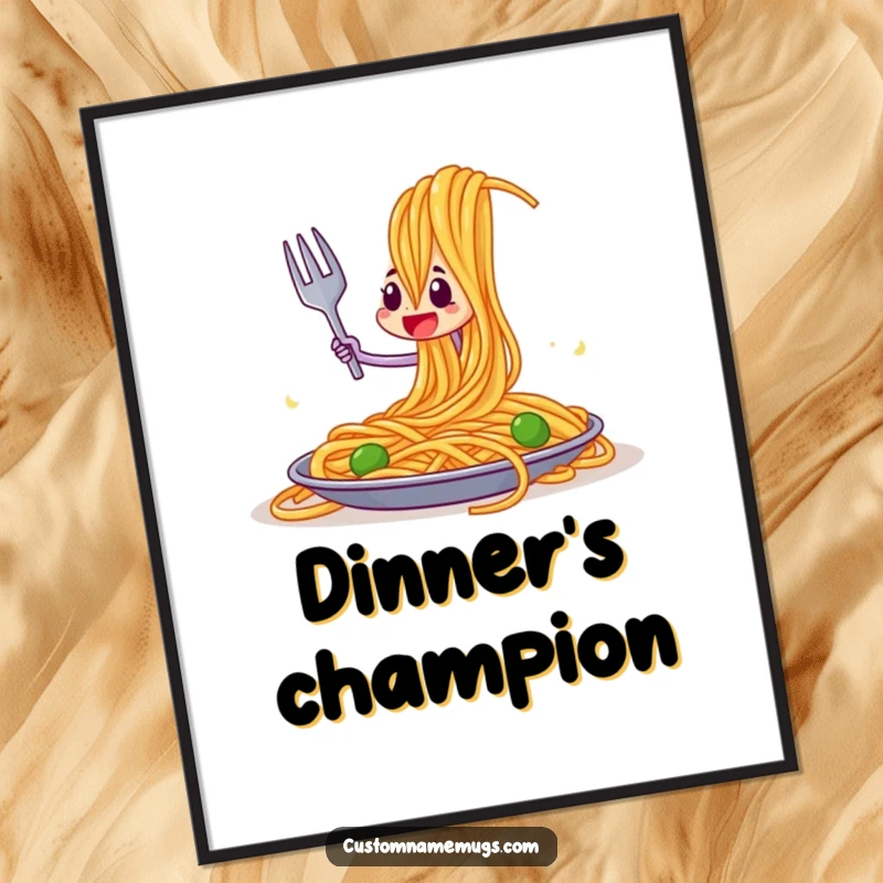 Funny poster capturing a dramatic joust between a small fork and a giant spaghetti strand, a humorous kitchen artwork.