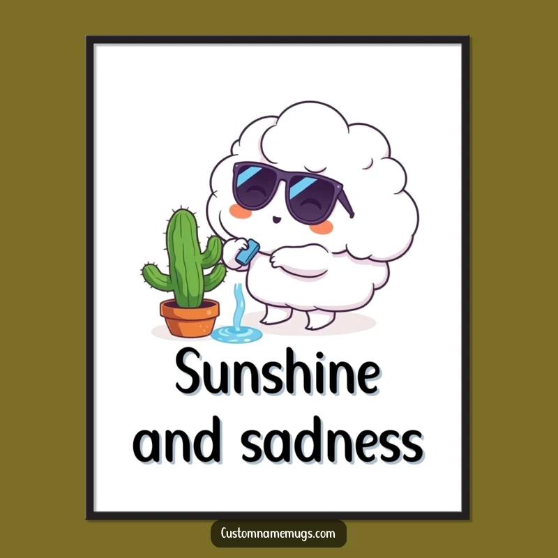Funny Gardening Poster: Cloud Character Cactus Art, Whimsical Decor Gift