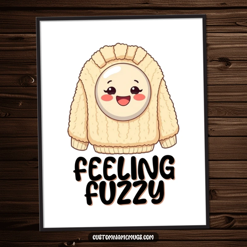 Funny Poster: Exaggeratedly happy button stuck on a giant, fuzzy sweater, bringing cozy humor to wall decor.