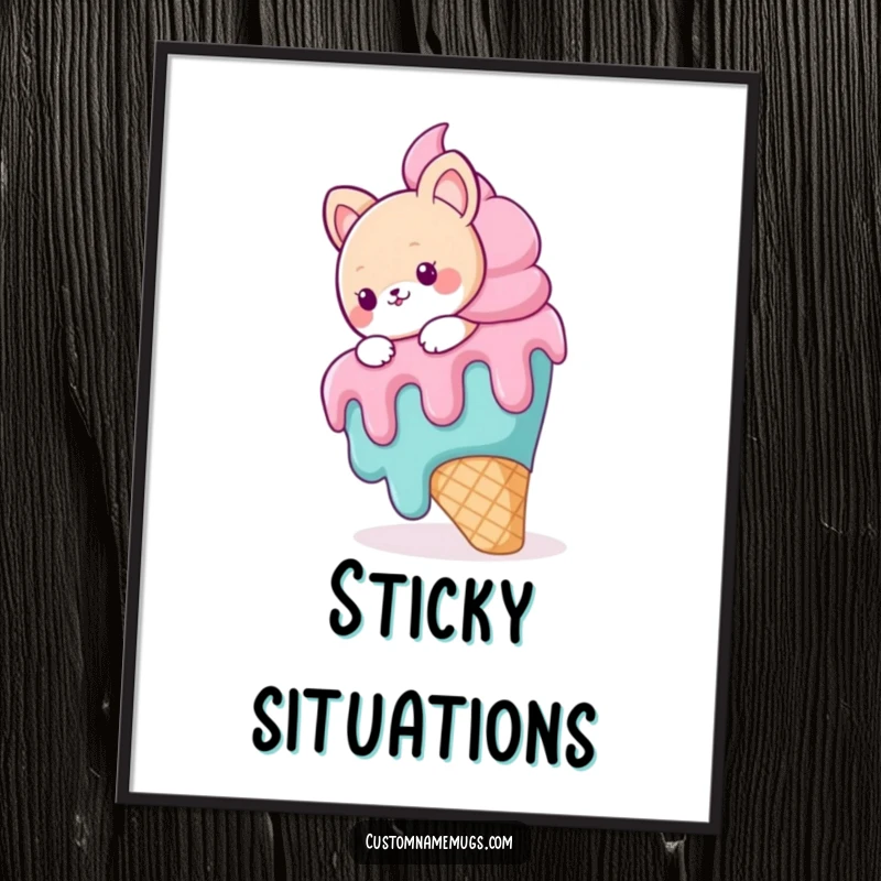 Funny poster print of a cute animal character comically sliding on a massive, melting ice cream cone, adding sweet fun to walls.