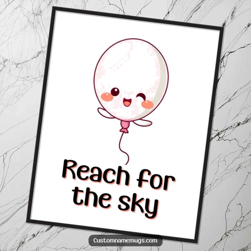 Funny Kawaii balloon character comically bursting while trying to fly, humorous wall art for posters.