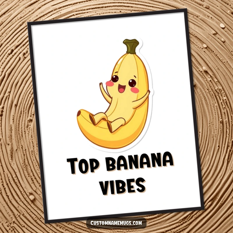 Funny Kawaii banana character depicted mid-slide down its peel with an ecstatic expression, presented as vibrant wall art.
