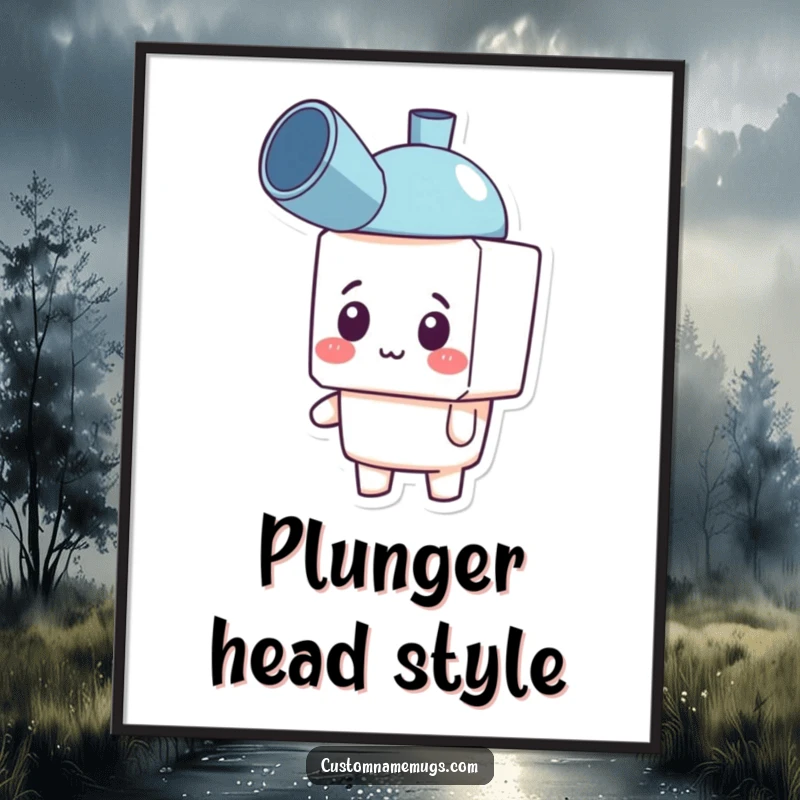 Funny poster showcasing a cheerful blocky character comically wearing a plunger as a hat, adding humorous wall art.