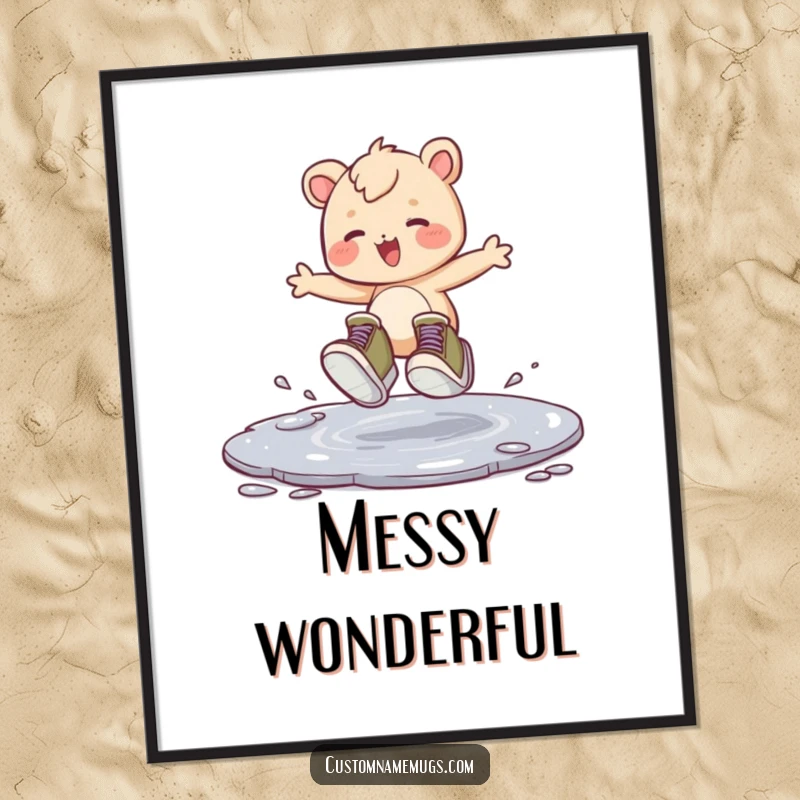 Funny poster print of a creature with oversized shoes joyfully hopping in a puddle, symbolizing carefree fun and happiness.