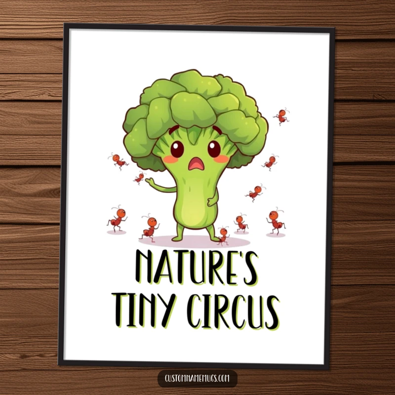 Funny poster art of a surprised broccoli character juggling tiny dancing ants, perfect for humorous wall decor.