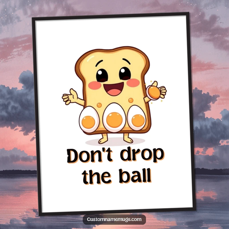 Funny poster print of a delighted toast character with a massive grin, expertly juggling three eggs, creating a lively and humorous breakfast scene.