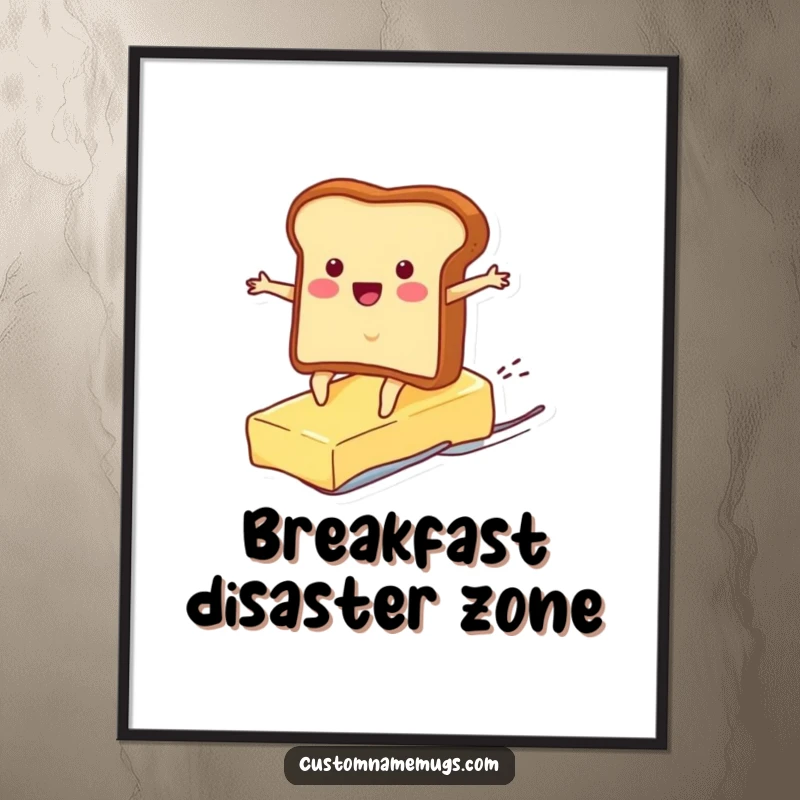 Funny poster depicting a cheerful toast character surfing a runaway pat of butter, a vibrant piece of breakfast-themed comedic art.