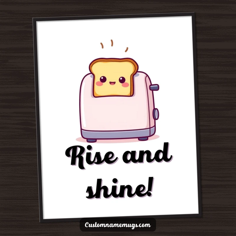 Vibrant funny toast poster depicting a tiny smiling toast popping out of a toaster with surprise, perfect for kitchen decor.