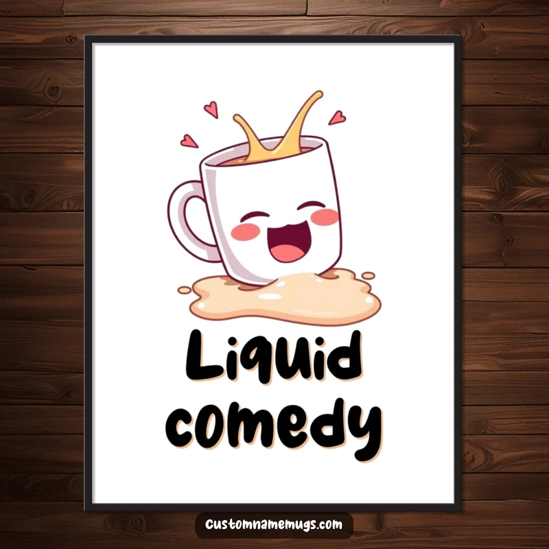 Funny Kawaii coffee mug character spilling itself hysterically, a humorous poster perfect for kitchens and coffee shops.