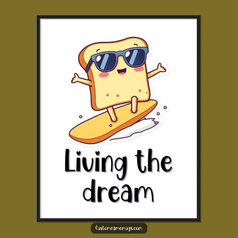 Vibrant Funny Kawaii Toast Surfing Poster, Fun Beach Wall Art Gift