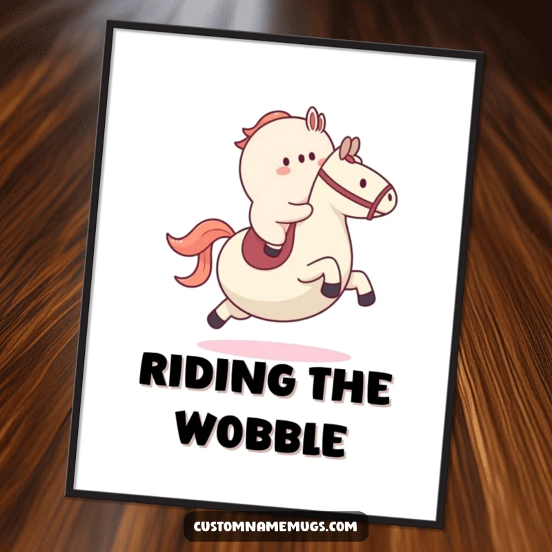 Funny poster print of a blob character attempting to ride a large bouncy ball like a horse, symbolizing active fun and determination.