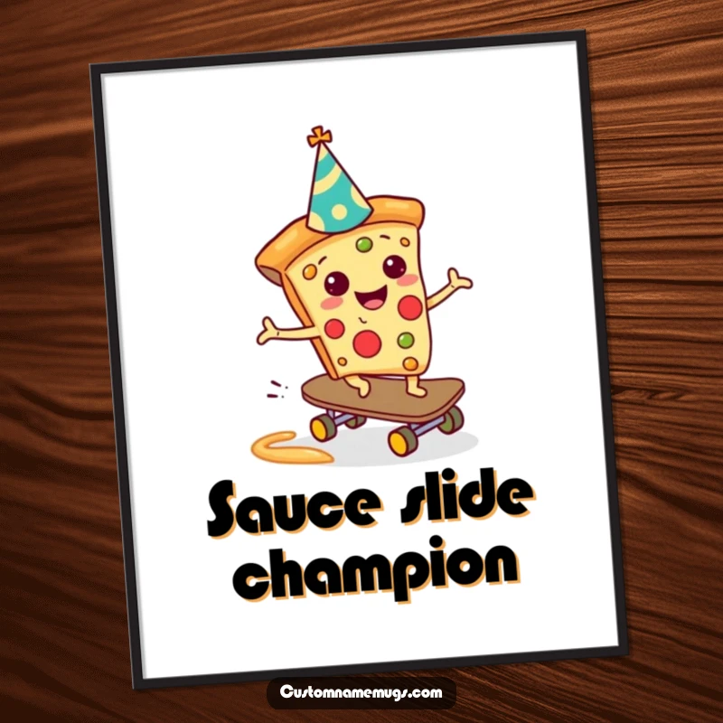 Funny Pizza Skateboarder Poster: A cheerful pizza slice skateboarding on a sauce slide, bringing playful humor and a great funny gift.